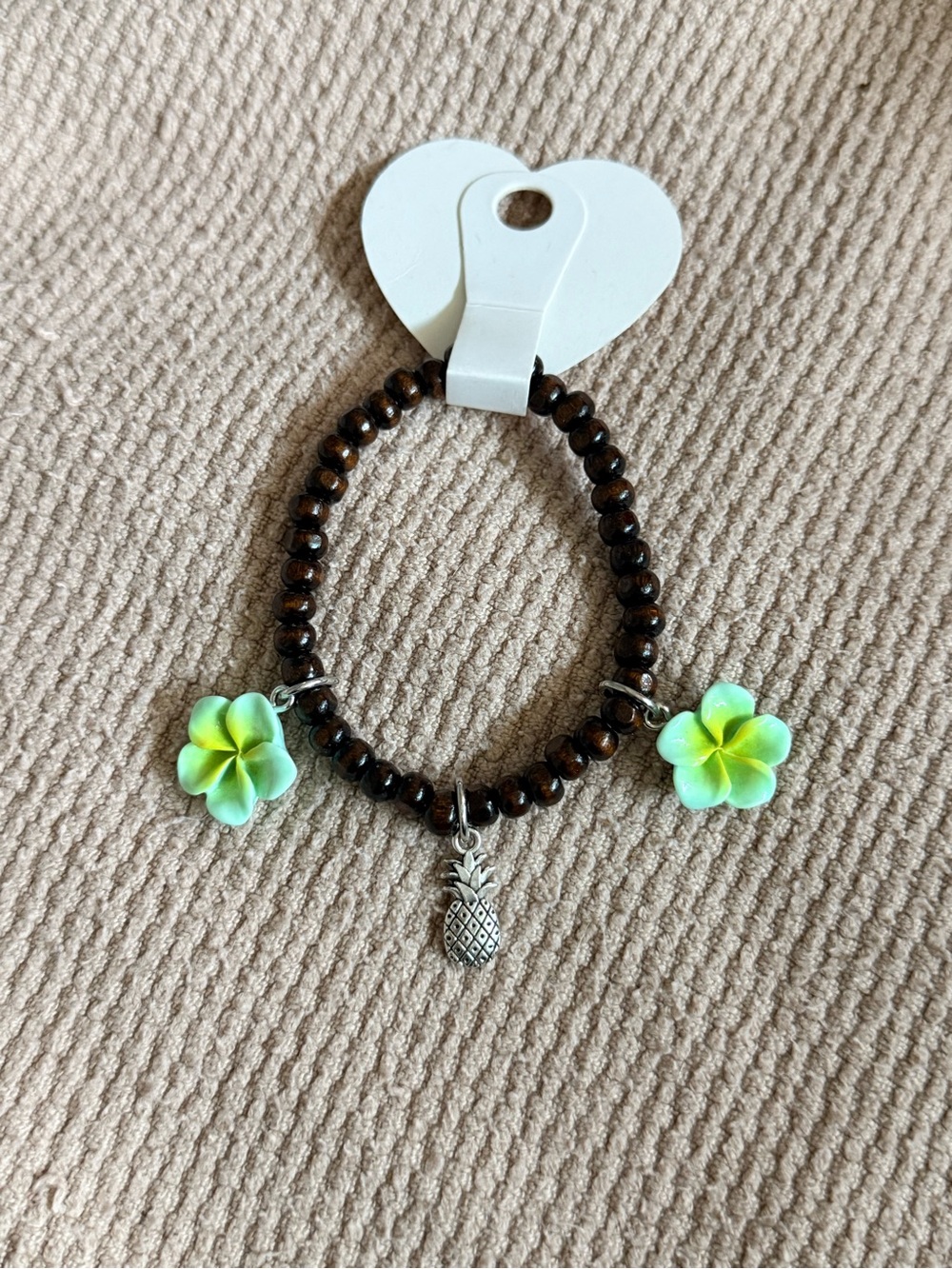 Tropical Pineapple & Green Charm Dark Wood Beaded Stretch Bracelet
